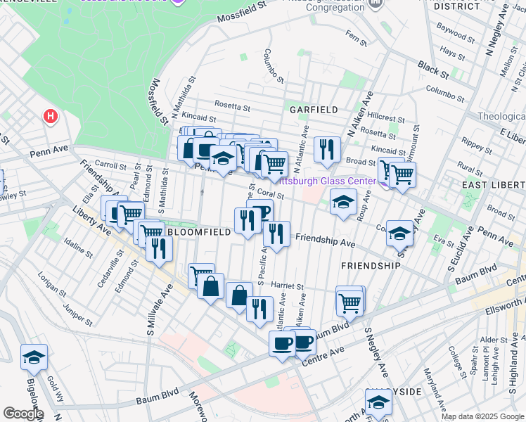 map of restaurants, bars, coffee shops, grocery stores, and more near 5147 Friendship Avenue in Pittsburgh