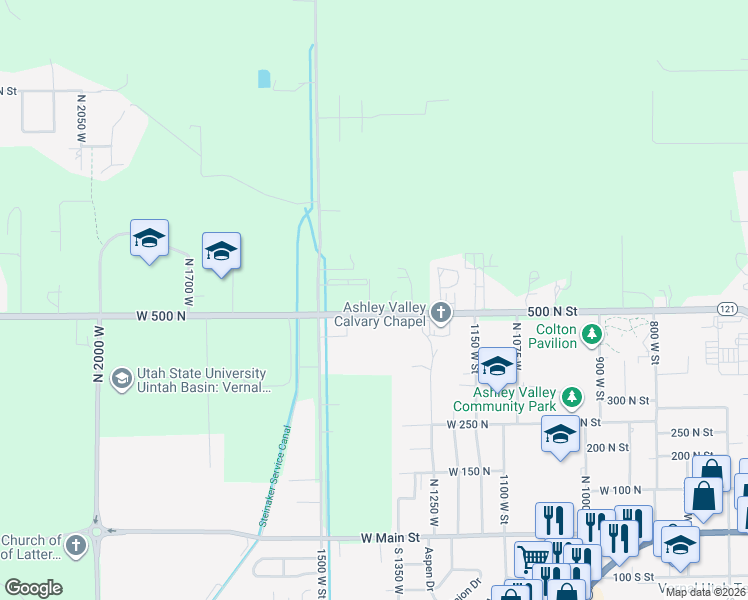 map of restaurants, bars, coffee shops, grocery stores, and more near 526 North 1380 West in Vernal