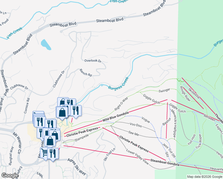 map of restaurants, bars, coffee shops, grocery stores, and more near 2375 Storm Meadows Drive in Steamboat Springs