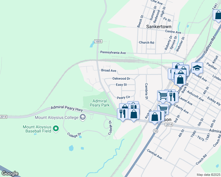map of restaurants, bars, coffee shops, grocery stores, and more near 120 Peary Circle in Cresson