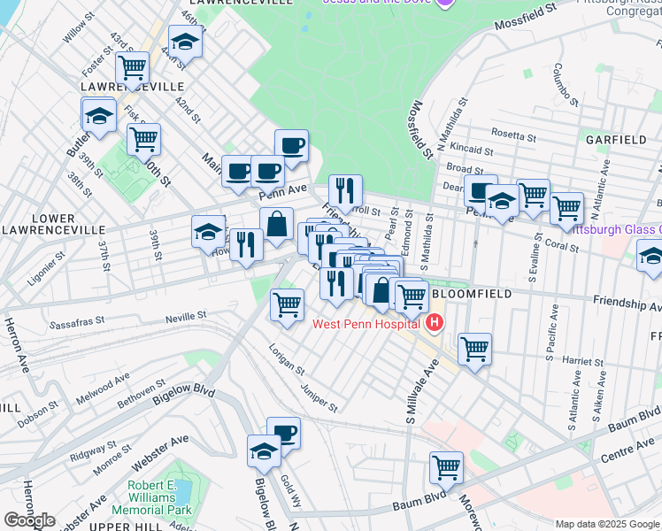 map of restaurants, bars, coffee shops, grocery stores, and more near 4518 Liberty Avenue in Pittsburgh