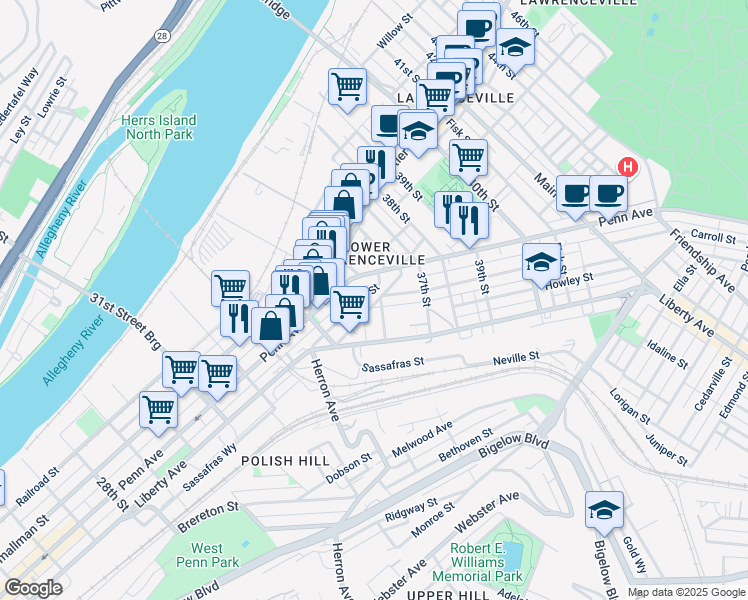 map of restaurants, bars, coffee shops, grocery stores, and more near 3500 Denny Street in Pittsburgh