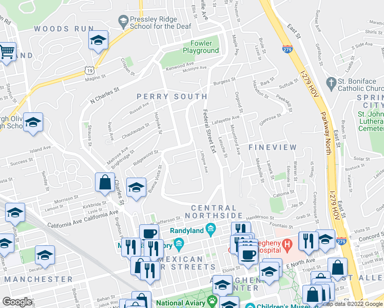 map of restaurants, bars, coffee shops, grocery stores, and more near 1901 University Avenue in Pittsburgh