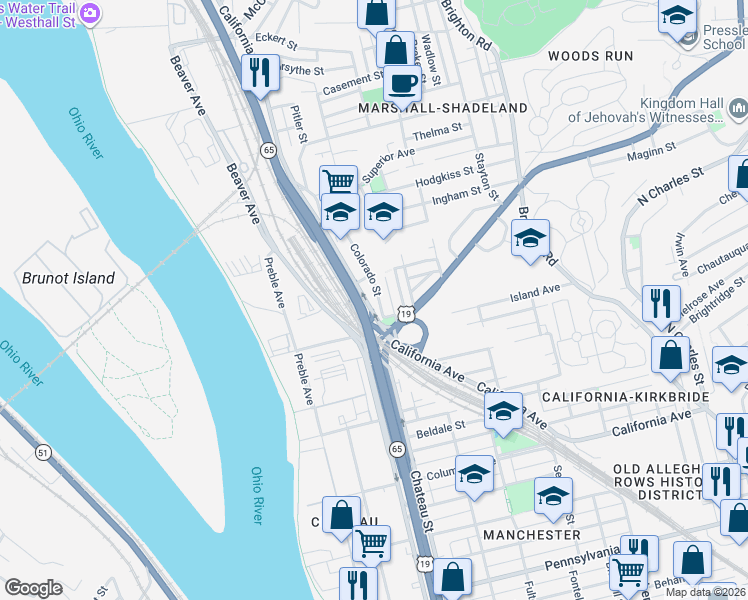 map of restaurants, bars, coffee shops, grocery stores, and more near 2316 Colorado Street in Pittsburgh