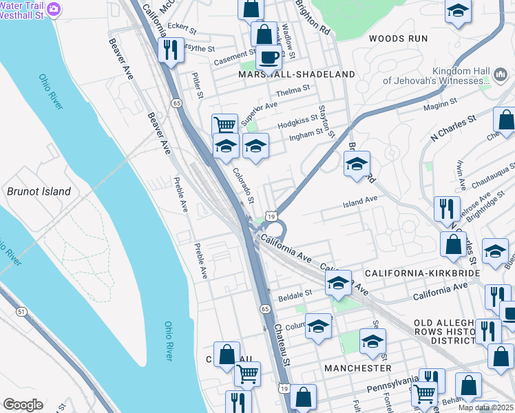 map of restaurants, bars, coffee shops, grocery stores, and more near 2316 Colorado Street in Pittsburgh