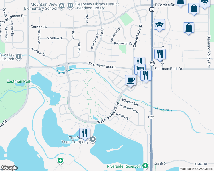map of restaurants, bars, coffee shops, grocery stores, and more near 124 Rock Bridge Court in Windsor