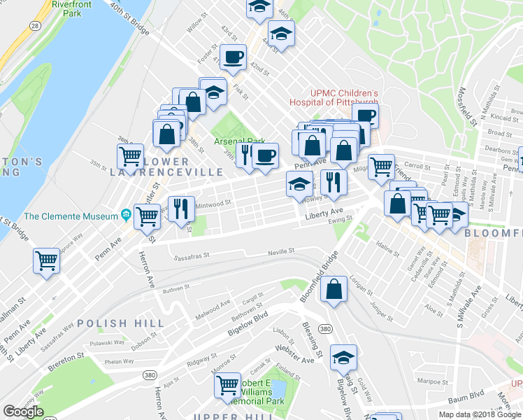 map of restaurants, bars, coffee shops, grocery stores, and more near 39th St & Howley St in Pittsburgh