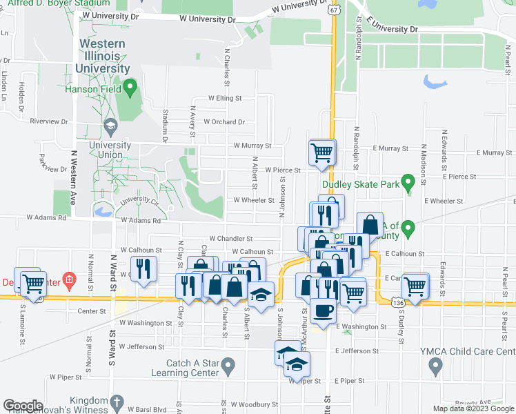 map of restaurants, bars, coffee shops, grocery stores, and more near 331 West Wheeler Street in Macomb