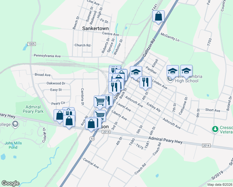 map of restaurants, bars, coffee shops, grocery stores, and more near 700 2nd Street in Cresson