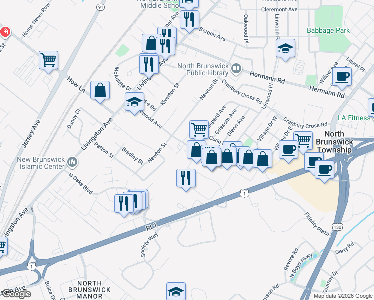 map of restaurants, bars, coffee shops, grocery stores, and more near 1097 Matthew Street in North Brunswick Township