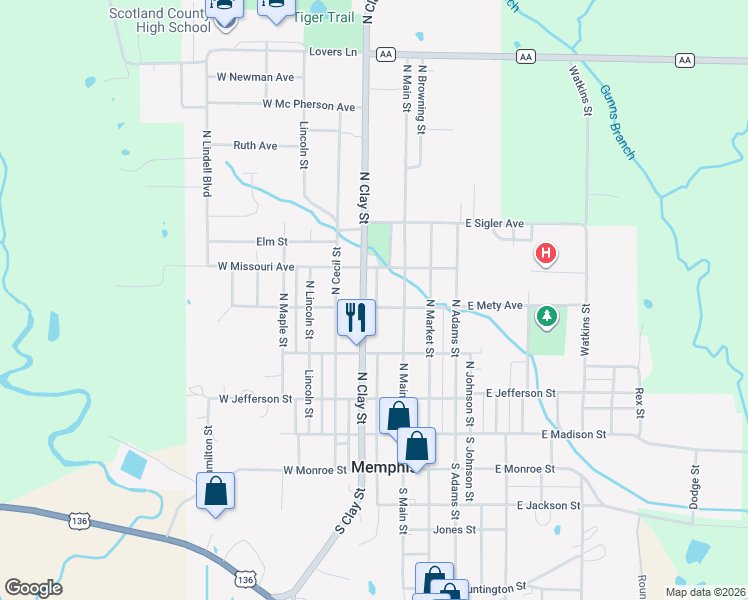 map of restaurants, bars, coffee shops, grocery stores, and more near 400 North Clay Street in Memphis