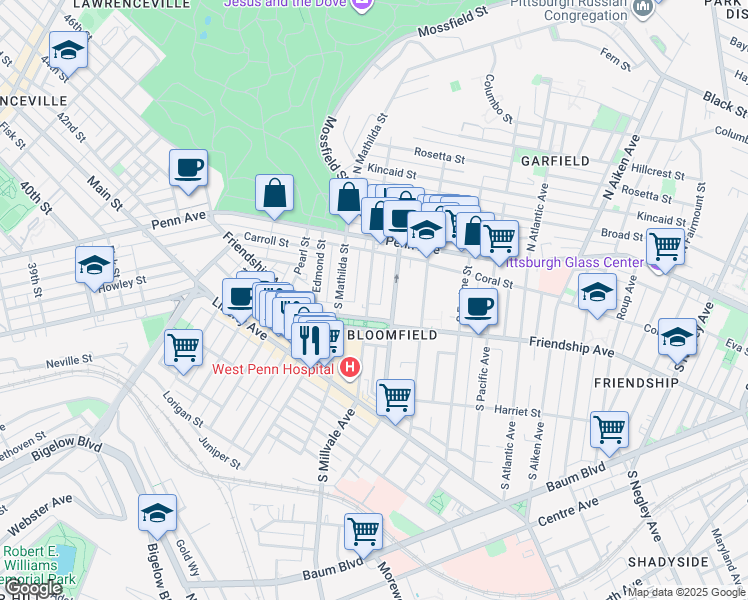 map of restaurants, bars, coffee shops, grocery stores, and more near 224 South Millvale Avenue in Pittsburgh