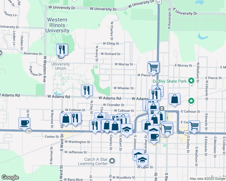 map of restaurants, bars, coffee shops, grocery stores, and more near 425 North Charles Street in Macomb