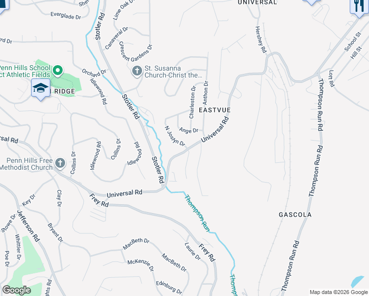 map of restaurants, bars, coffee shops, grocery stores, and more near 95 North Joslyn Drive in Penn Hills