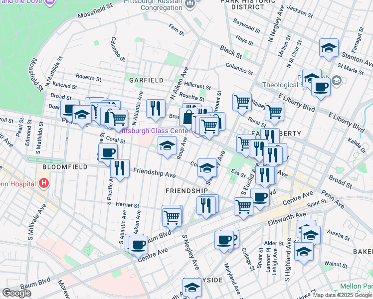 map of restaurants, bars, coffee shops, grocery stores, and more near 5 Clarendon Place in Pittsburgh