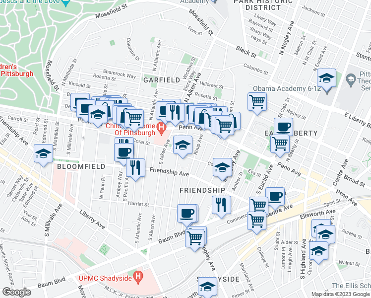 map of restaurants, bars, coffee shops, grocery stores, and more near 113 South Graham Street in Pittsburgh