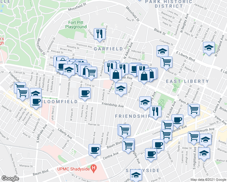 map of restaurants, bars, coffee shops, grocery stores, and more near 119 South Aiken Avenue in Pittsburgh
