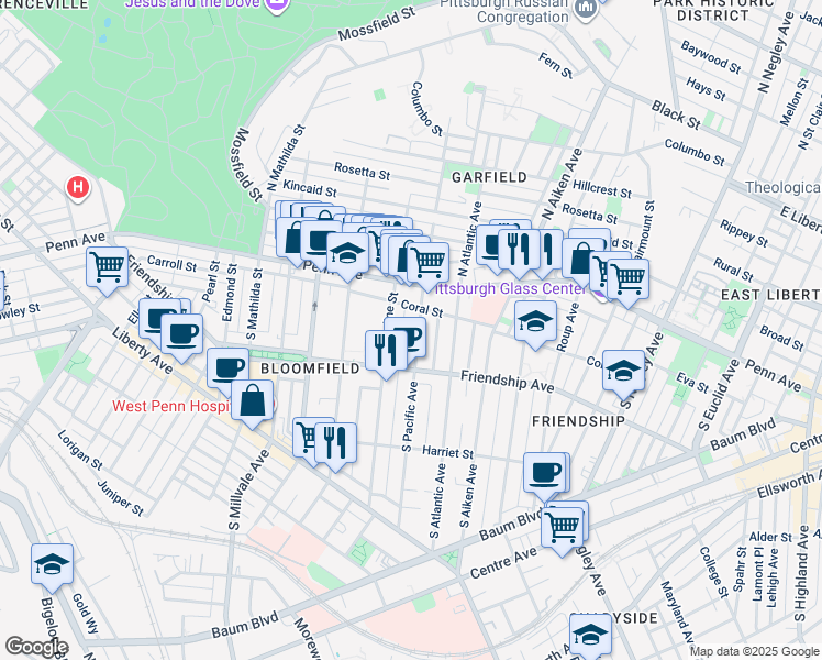 map of restaurants, bars, coffee shops, grocery stores, and more near 201 South Evaline Street in Pittsburgh