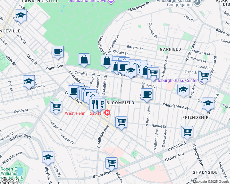 map of restaurants, bars, coffee shops, grocery stores, and more near 224 South Millvale Avenue in Pittsburgh