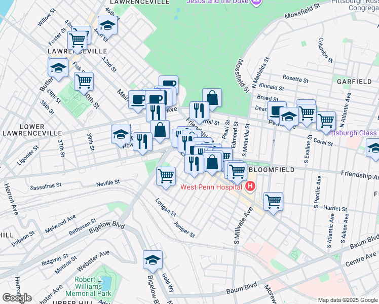 map of restaurants, bars, coffee shops, grocery stores, and more near 4668 Gangwish Street in Pittsburgh