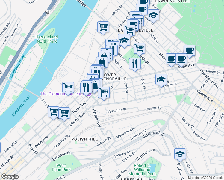 map of restaurants, bars, coffee shops, grocery stores, and more near 3502 Penn Avenue in Pittsburgh