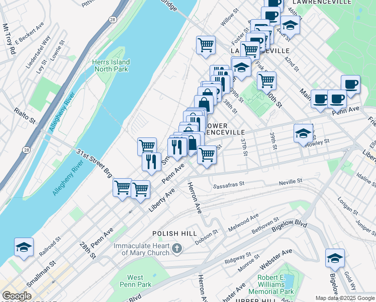 map of restaurants, bars, coffee shops, grocery stores, and more near in Pittsburgh