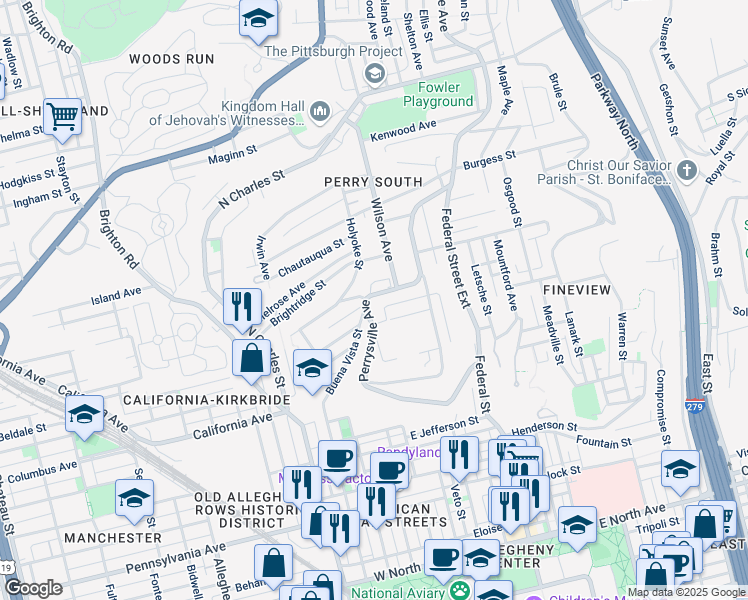 map of restaurants, bars, coffee shops, grocery stores, and more near 2025 Perrysville Avenue in Pittsburgh