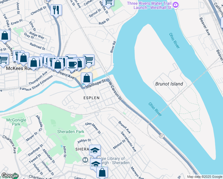 map of restaurants, bars, coffee shops, grocery stores, and more near 3401 West Carson Street in Pittsburgh