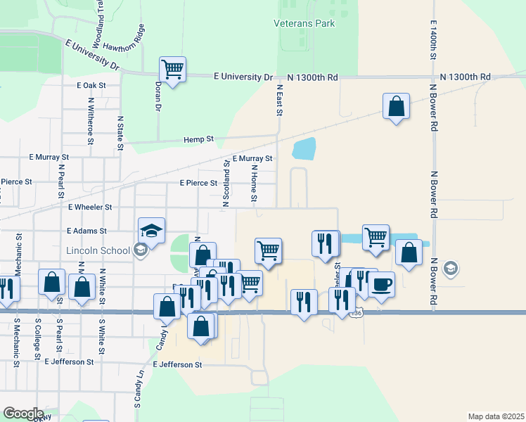 map of restaurants, bars, coffee shops, grocery stores, and more near 1635 East Pierce Street in Macomb
