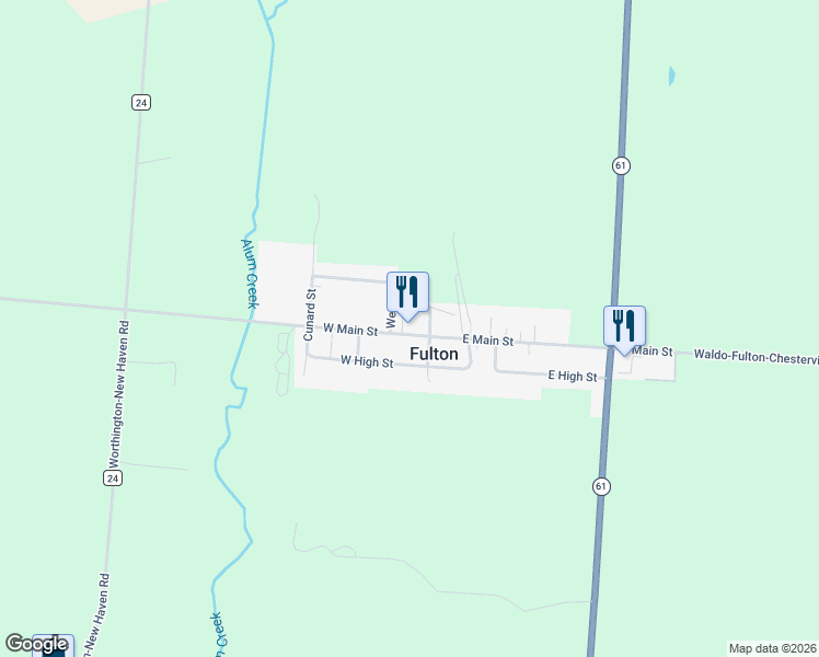 map of restaurants, bars, coffee shops, grocery stores, and more near 104 West Main Street in Fulton