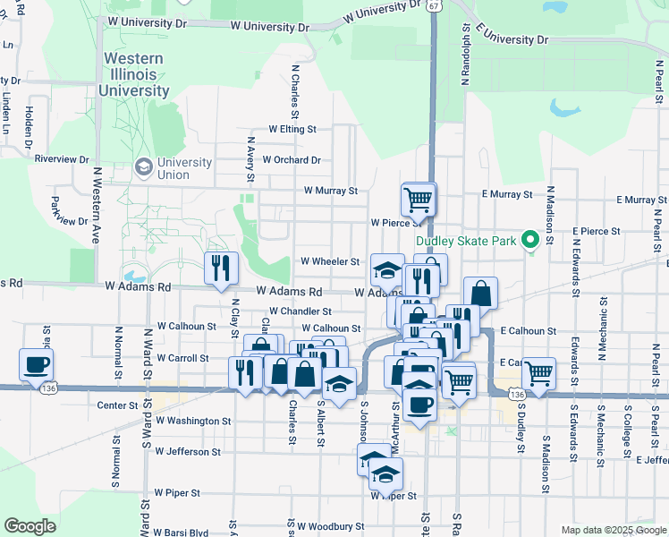 map of restaurants, bars, coffee shops, grocery stores, and more near 429 North Albert Street in Macomb