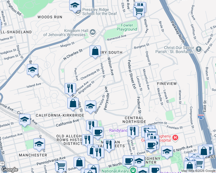 map of restaurants, bars, coffee shops, grocery stores, and more near 2025 Perrysville Avenue in Pittsburgh