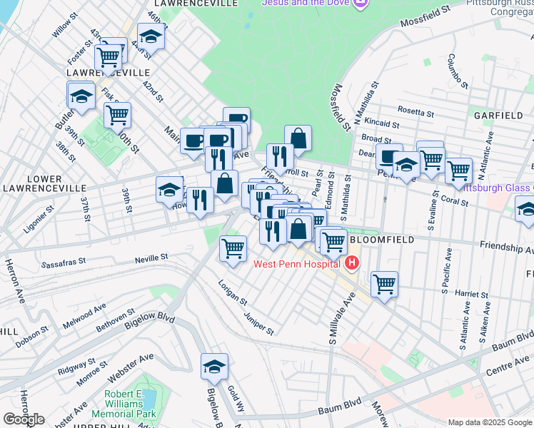 map of restaurants, bars, coffee shops, grocery stores, and more near 4668 Gangwish Street in Pittsburgh