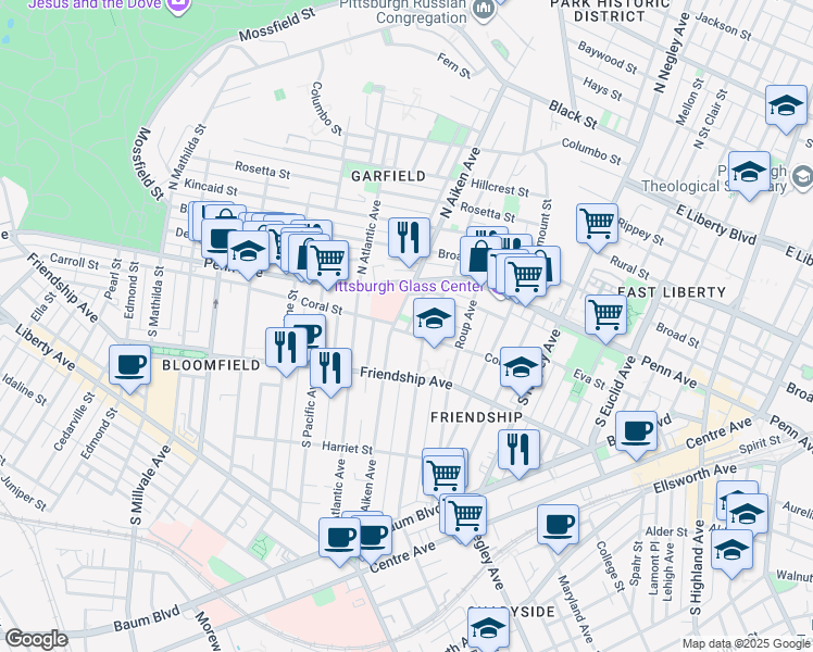 map of restaurants, bars, coffee shops, grocery stores, and more near 5409 Coral Street in Pittsburgh
