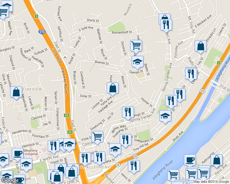 map of restaurants, bars, coffee shops, grocery stores, and more near 1204 Yetta Avenue in Pittsburgh