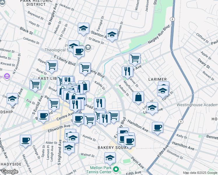 map of restaurants, bars, coffee shops, grocery stores, and more near 185 Larimer Avenue in Pittsburgh