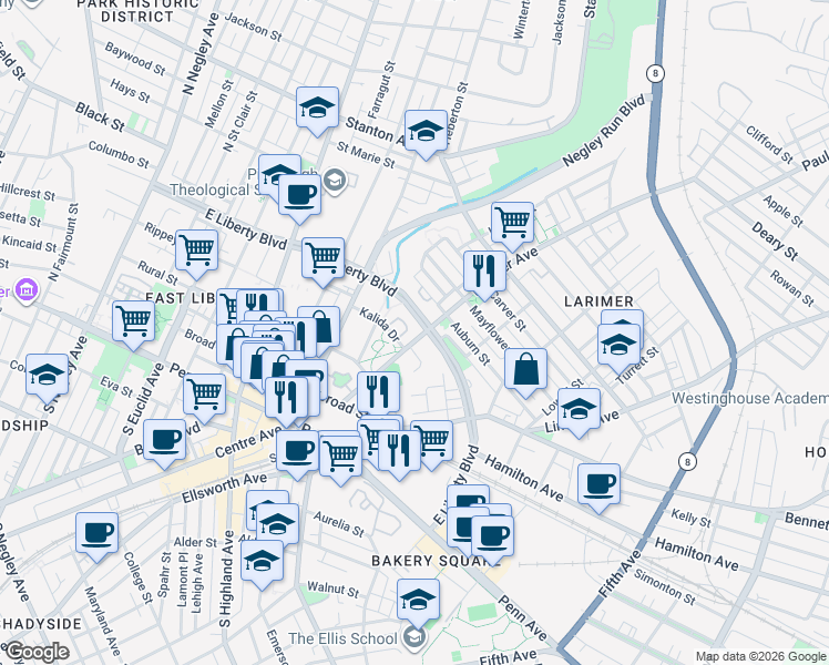 map of restaurants, bars, coffee shops, grocery stores, and more near 185 Larimer Avenue in Pittsburgh