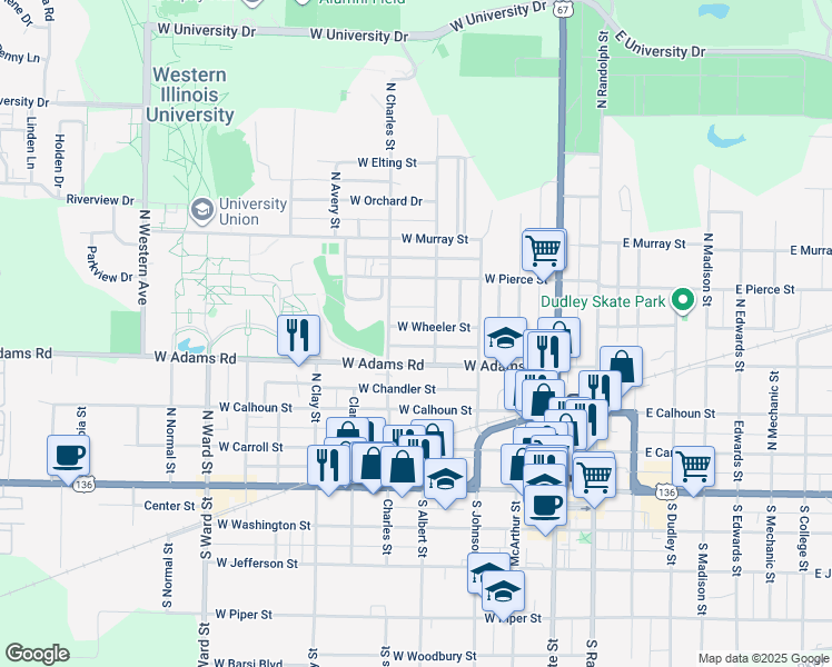 map of restaurants, bars, coffee shops, grocery stores, and more near 413 West Wheeler Street in Macomb