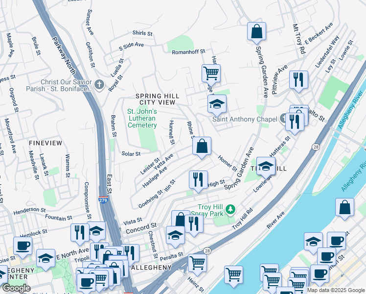 map of restaurants, bars, coffee shops, grocery stores, and more near 1701 Rhine Street in Pittsburgh