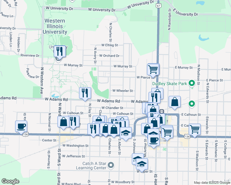 map of restaurants, bars, coffee shops, grocery stores, and more near 423 West Wheeler Street in Macomb