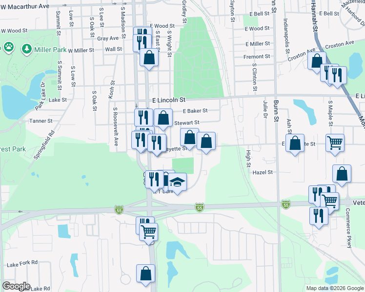 map of restaurants, bars, coffee shops, grocery stores, and more near 1520 Wilson Street in Bloomington