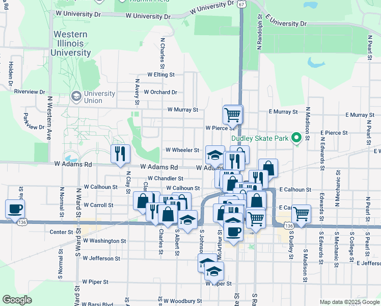 map of restaurants, bars, coffee shops, grocery stores, and more near 319 West Wheeler Street in Macomb