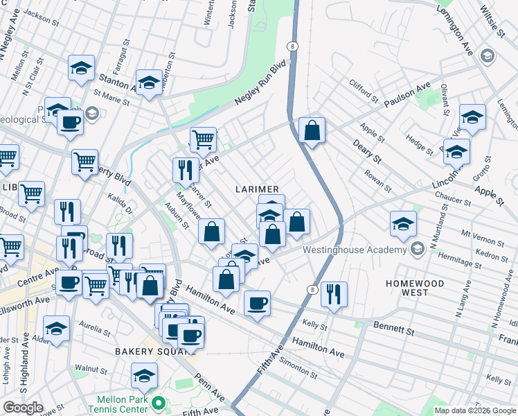 map of restaurants, bars, coffee shops, grocery stores, and more near Winslow Street in Pittsburgh