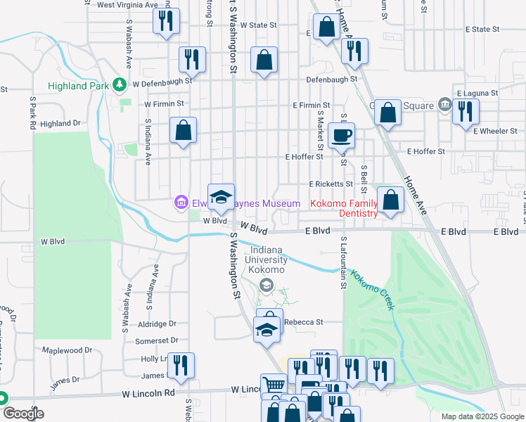 map of restaurants, bars, coffee shops, grocery stores, and more near 2000 South Buckeye Street in Kokomo