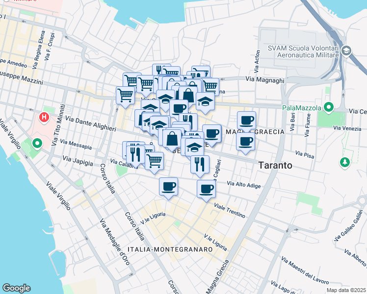 map of restaurants, bars, coffee shops, grocery stores, and more near 60 Via Salinella in Taranto
