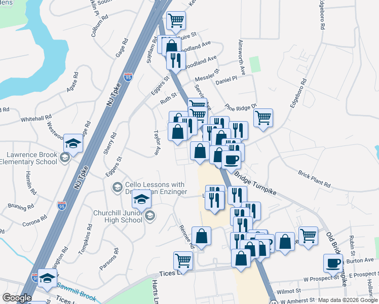 map of restaurants, bars, coffee shops, grocery stores, and more near 244 Highway 18 in East Brunswick