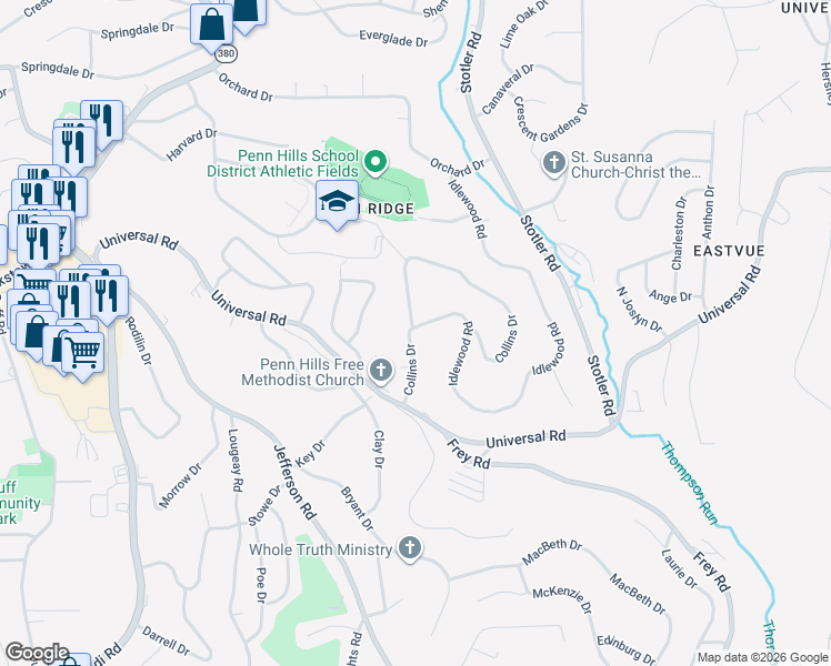map of restaurants, bars, coffee shops, grocery stores, and more near 111 Idlewood Road in Pittsburgh