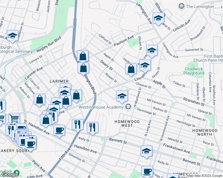 map of restaurants, bars, coffee shops, grocery stores, and more near 6703 Lyric Street in Pittsburgh