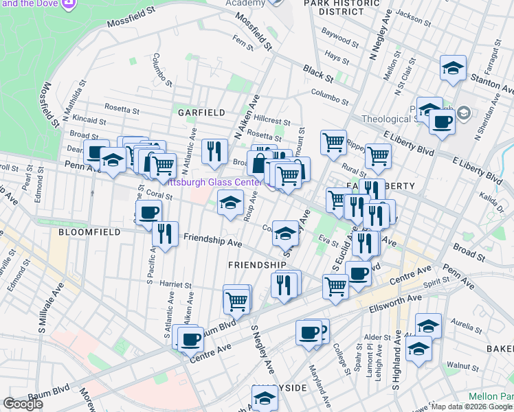 map of restaurants, bars, coffee shops, grocery stores, and more near 5 Clarendon Place in Pittsburgh