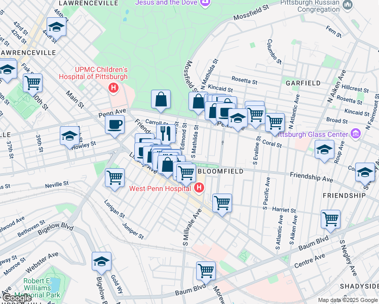 map of restaurants, bars, coffee shops, grocery stores, and more near 236 South Mathilda Street in Pittsburgh